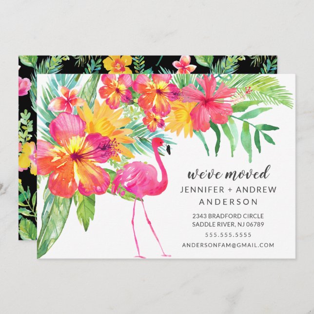 Hibiskus Pink Flamingo Moving Ankündigung (Vorne/Hinten)