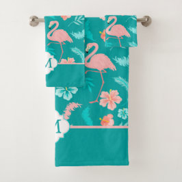 Hibiskus Pink Flamingo Tropical Monogram Badhandtuch Set