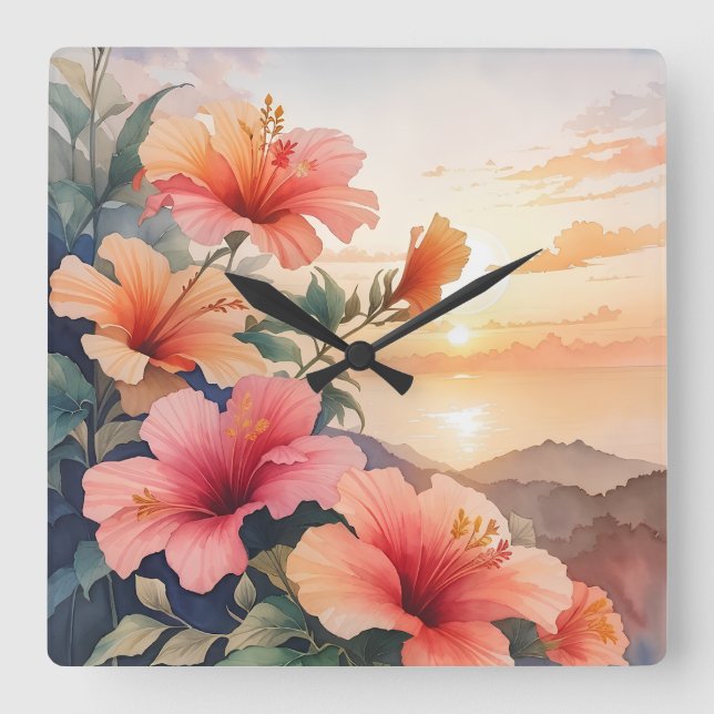 Hibiskus Quadratische Wanduhr (Vorderseite)