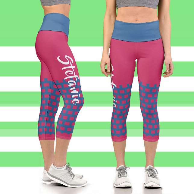 Hibiskus Red-Blue Geometric Muster Pop Art Custom Capri Leggings (Personalized Name Custom Leggings add custom name leggings, red blue stylish fitness workout gear)