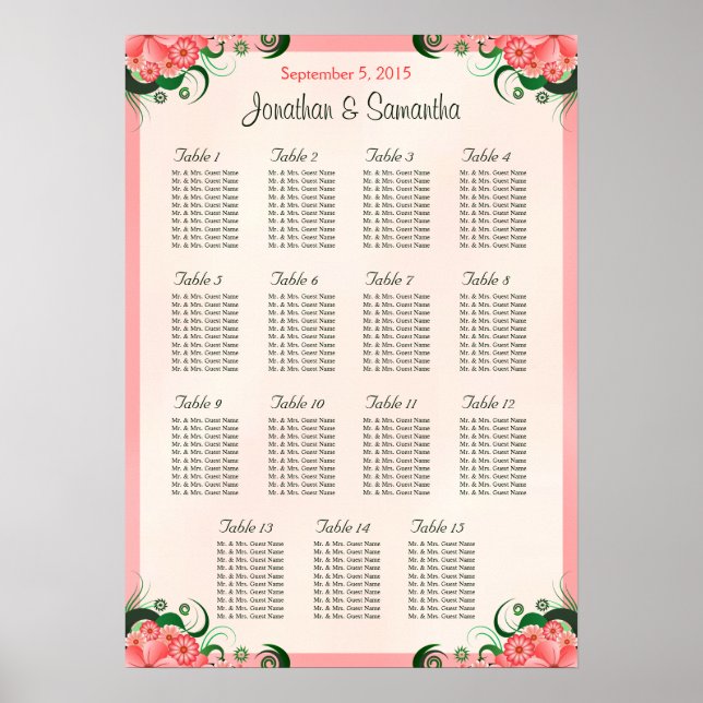Hibiskus Rosa 15 Hochzeitstabellen Sitzkarten Poster (Vorne)