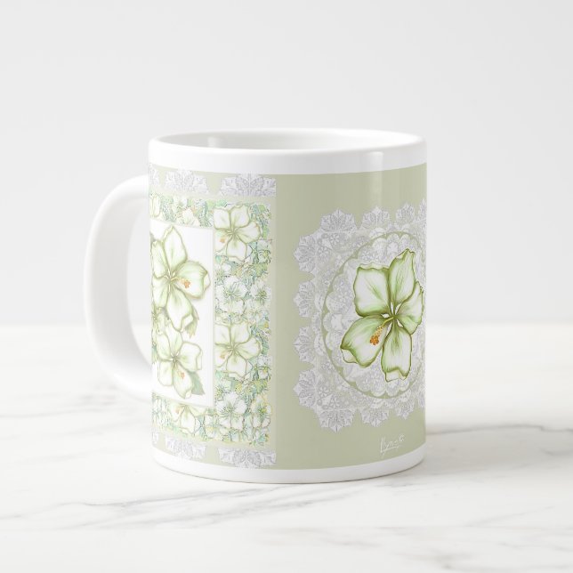 Hibiskus & Spitzen WHITE Jumbo-Tasse (Vorderseite Links)