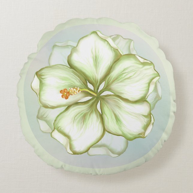 Hibiskus & Spitzen WHITE Rundes Kissen (Vorderseite)