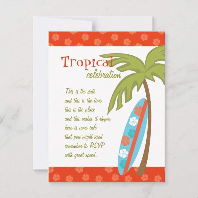 Hibiskus Surfboard Einladung (Vorderseite)