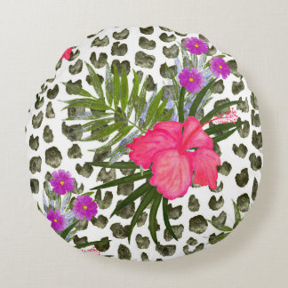 Hibiskus Tier: Aquarellfarben Nahtloses Muster. Rundes Kissen