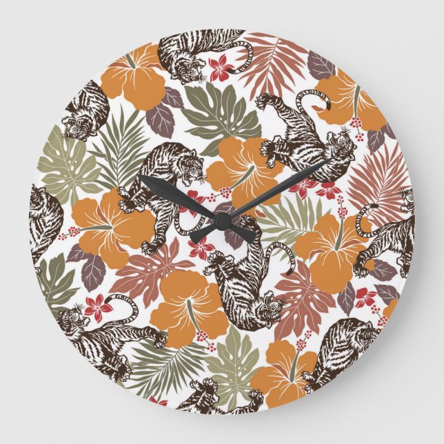 Hibiskus Tiger, exotisches Muster. Große Wanduhr (Vorderseite)