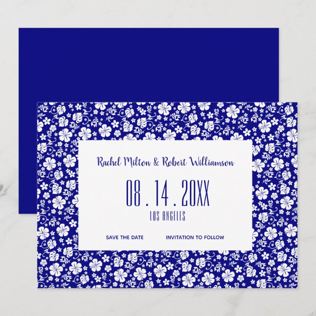 Hibiskus Tropical Navy Blue Wedding Save The Date (Vorne/Hinten)
