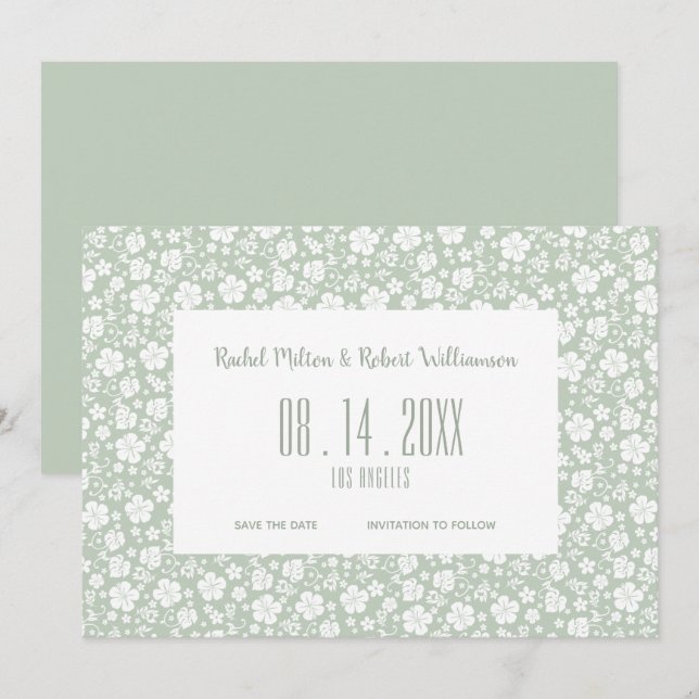 Hibiskus Tropical Pale Green Wedding Save The Date (Vorne/Hinten)