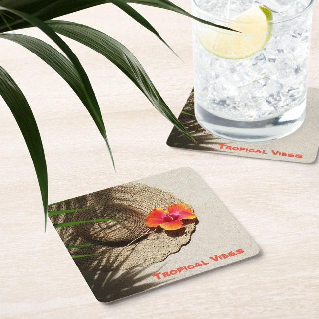 Hibiskus Tropical Vibes Strohhut Rechteckiger Pappuntersetzer (Von Creator hochgeladen)