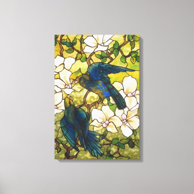 Hibiskus- und Parrots-Glasfenster Leinwanddruck (Vorderseite)