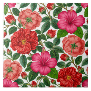 Hibiskus- und Rosen-Botanikmuster Fliese