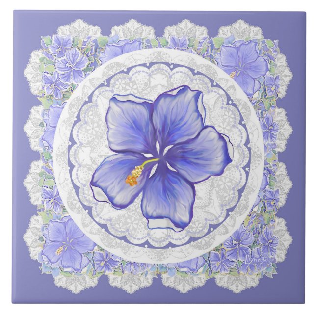 Hibiskus und Spitze BLAU Fliese (Vorderseite)