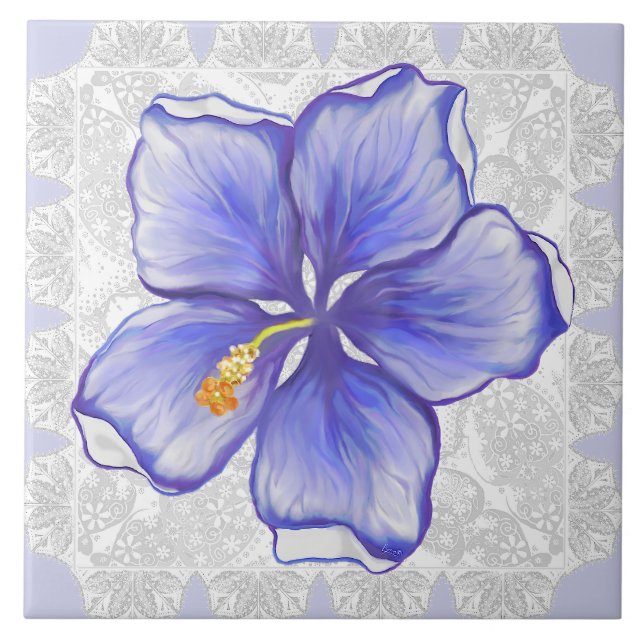 Hibiskus und Spitze BLAU Fliese (Vorderseite)