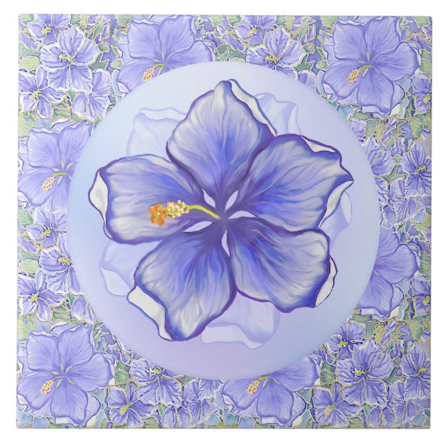Hibiskus und Spitze BLAU Fliese (Vorderseite)