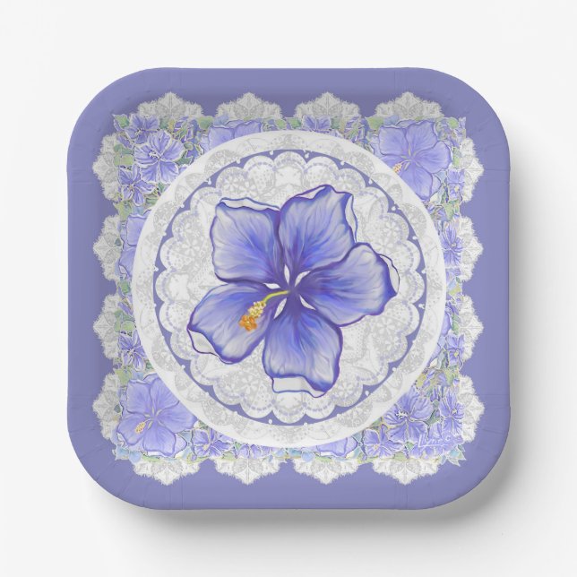 Hibiskus und Spitze BLAU Pappteller (Vorderseite)