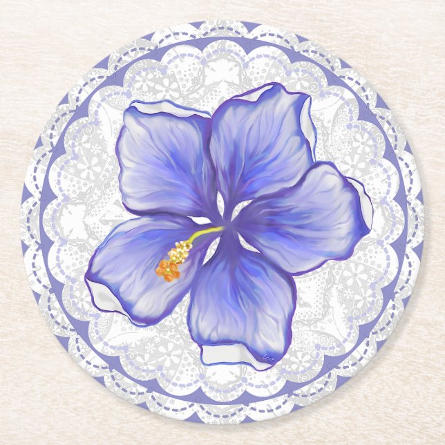 Hibiskus und Spitze BLAU Runder Pappuntersetzer (Vorderseite)