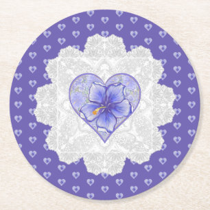 Hibiskus und Spitze BLAU Runder Pappuntersetzer