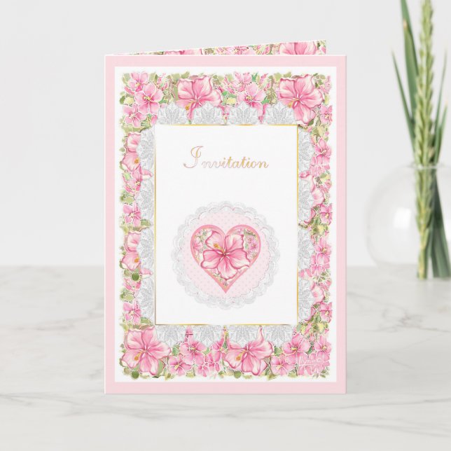 Hibiskus und Spitzen PINK Einladung (Vorderseite)