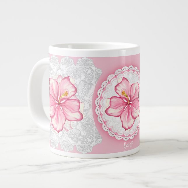Hibiskus und Spitzen PINK Jumbo-Tasse (Vorderseite Links)