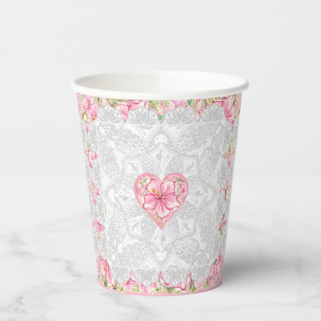 Hibiskus und Spitzen PINK Pappbecher (Links)