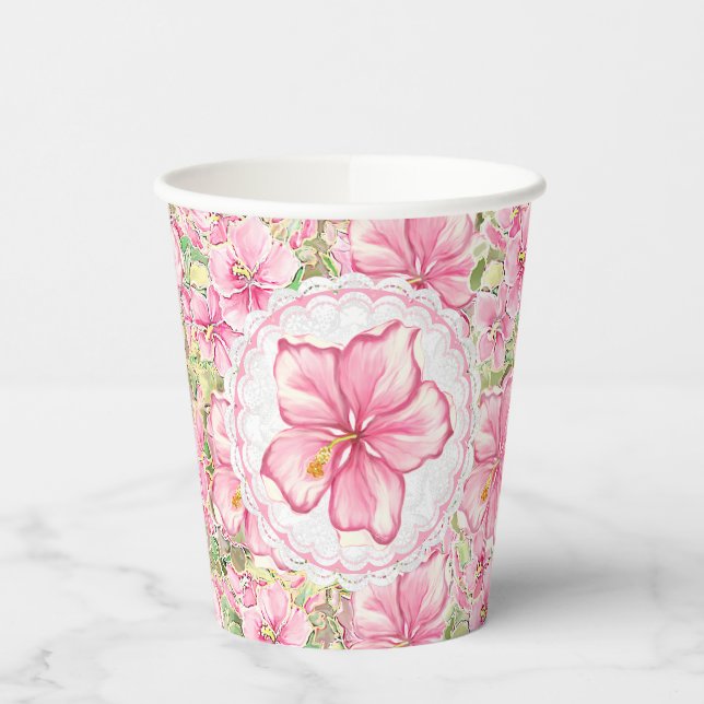 Hibiskus und Spitzen PINK Pappbecher (Links)