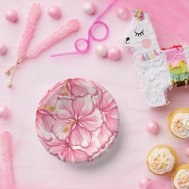Hibiskus und Spitzen PINK Pappteller (Party)