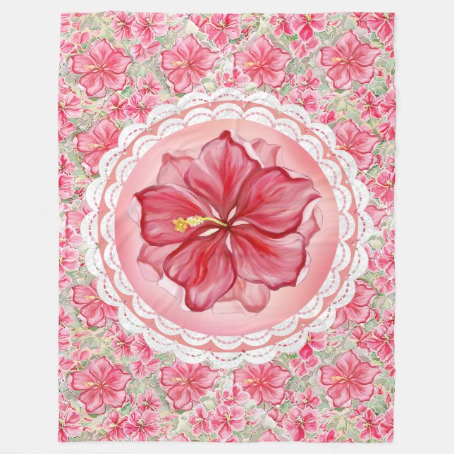 Hibiskus und Spitzenleistung ROT Fleecedecke (Vorderseite)