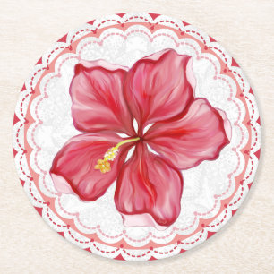 Hibiskus und Spitzenleistung ROT Runder Pappuntersetzer
