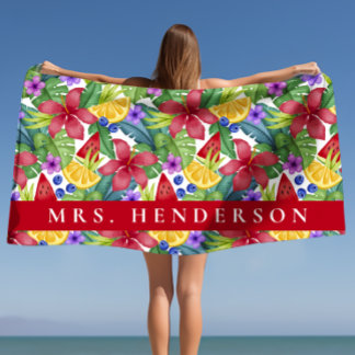 Hibiskus und tropische Blätter Personalisierter Na Strandtuch