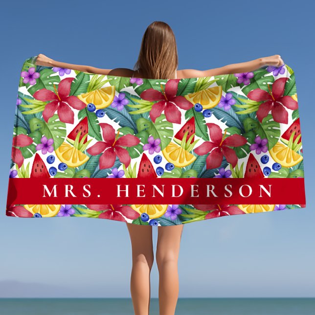 Hibiskus und tropische Blätter Personalisierter Na Strandtuch (Hibiscus and Tropical Leaves Personalized Name Beach Towel)