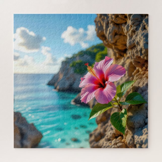 Hibiskus wächst auf einer felsigen Klippe Puzzle (Horizontal)