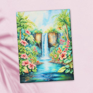 Hibiskus-Wasserfall im tropischen Garten, Ölgemäld Postkarte