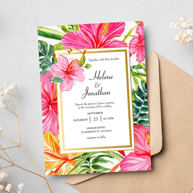 Hibiskus Wasserfarbe Tropische Hochzeit in Urlaubs Einladung (Hibiscus Watercolor Tropical Destination Wedding Invitation)