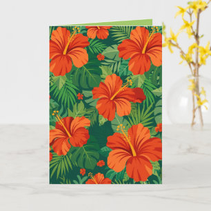Hibiskusblüten Rot Orange Grün Dschungelfoliage Karte