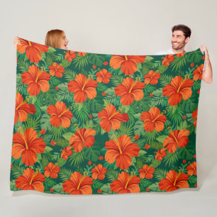 Hibiskusblüten Rot Orange Grün Dschungellaub Fleecedecke