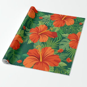 Hibiskusblüten Rot Orange Grün Dschungellaub Geschenkpapier