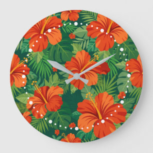 Hibiskusblüten Rot Orange Grün Dschungellaub Große Wanduhr