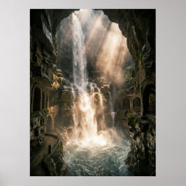 Hidden Cave Waterfall Sunlight Rays Poster