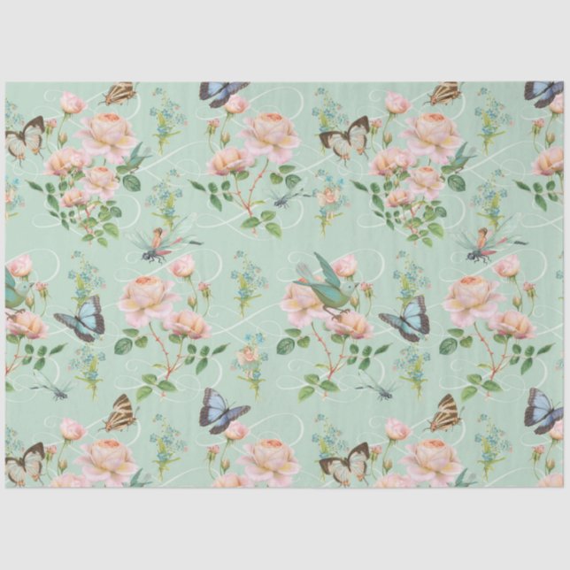 Hidden Fairy Pink Floral Minze Dragonfly Butterfly Seidenpapier (Vorderseite)