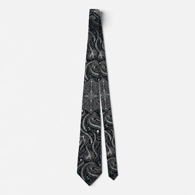 Hidden Skull & Spine Paisley | Silver Black Gothic Krawatte (Vorderseite)