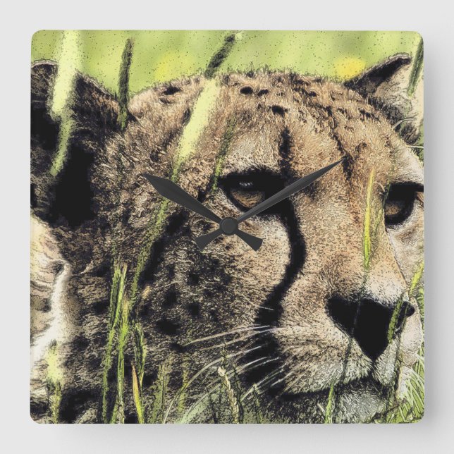 "Hiding Cheetah" Quadratische Wanduhr (Vorderseite)
