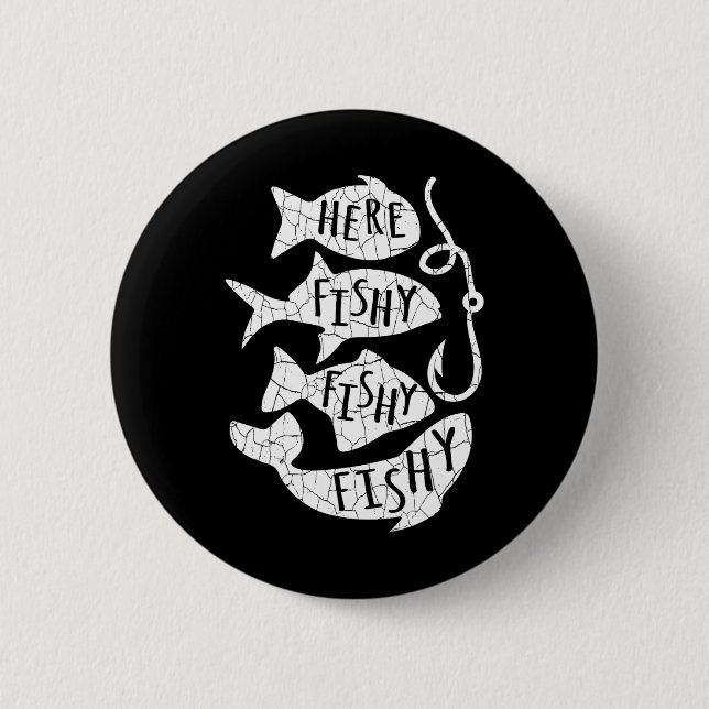 Hier Fisch Funny Gift für Angelfreunde Vater Button (Vorderseite)