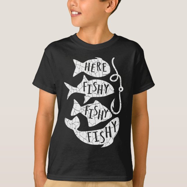 Hier Fisch Funny Gift für Angelfreunde Vater T-Shirt (Vorderseite)