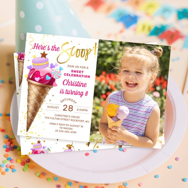 Hier ist das Scoop Girls Ice Cream Birthday Foto Einladung (Von Creator hochgeladen)