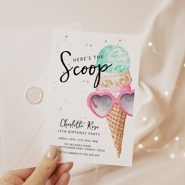 Hier ist das Scoop Pink Ice Cream Birthday Einladung (Von Creator hochgeladen)