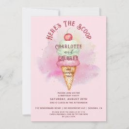 Hier ist das Scoop Twins 2. Geburtstag Party Pink Einladung