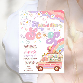 Hier ist der Scoop Eiswagen Regenbogen Geburtstag Einladung