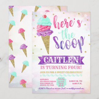 Hier ist der Scoop Ice Cream Gold Glitzer Geburtst Einladung