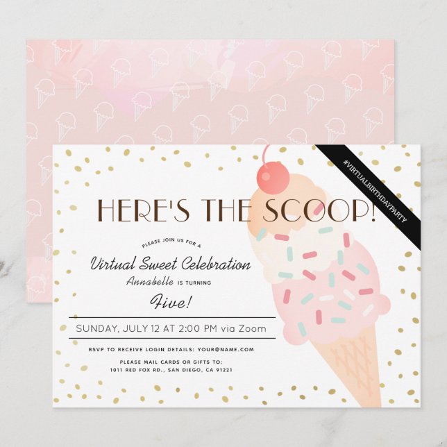 Hier ist der Scoop Ice Cream Pink Virtual Birthday Einladung (Vorne/Hinten)