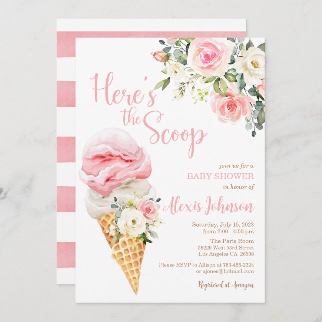 Hier ist die Scoop Baby Shower (Girl) Einladung (Vorne/Hinten)